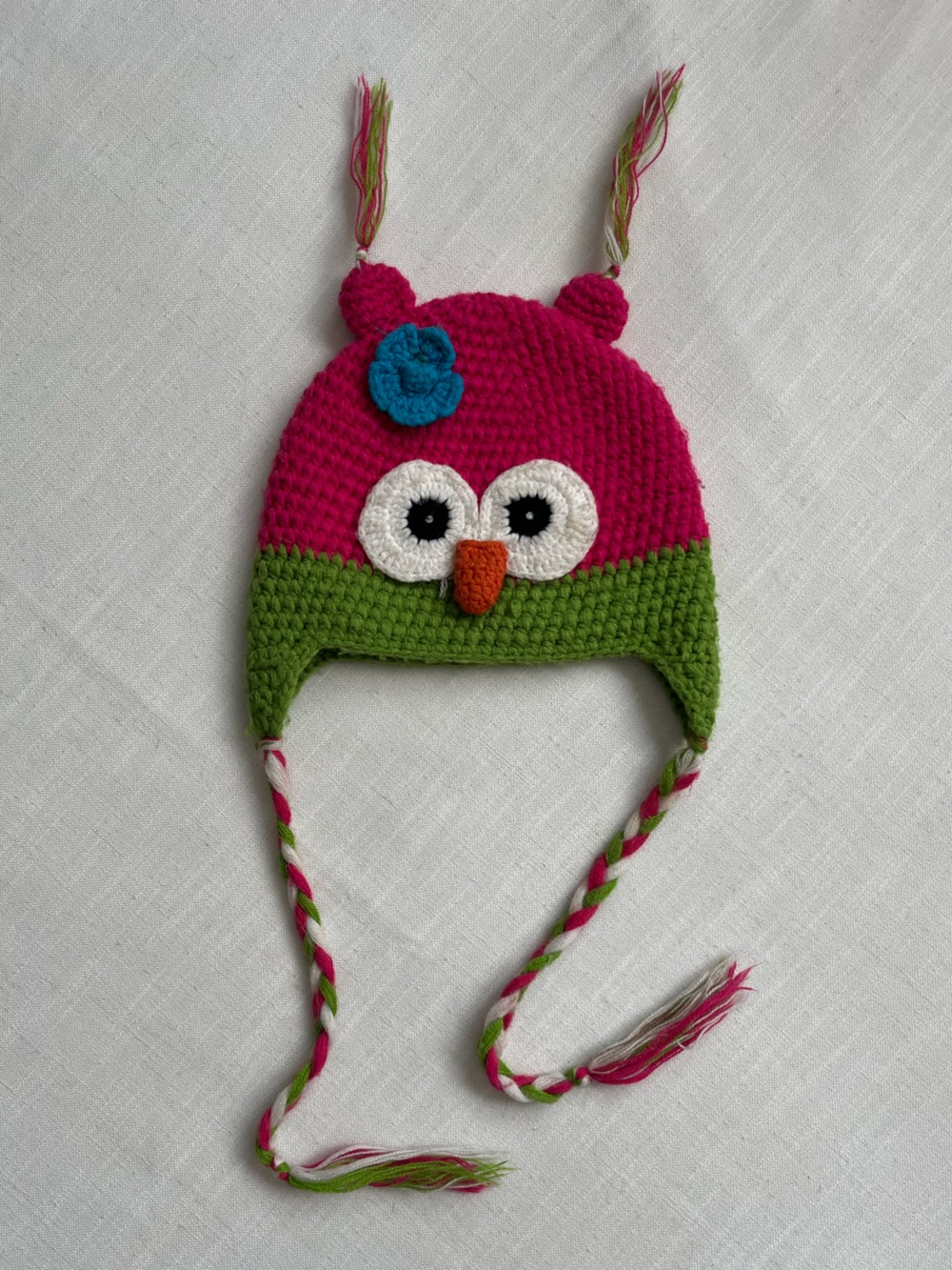 Hand Crafted Pink and Green Owl Earflap Crochet Hat with Blue Flower